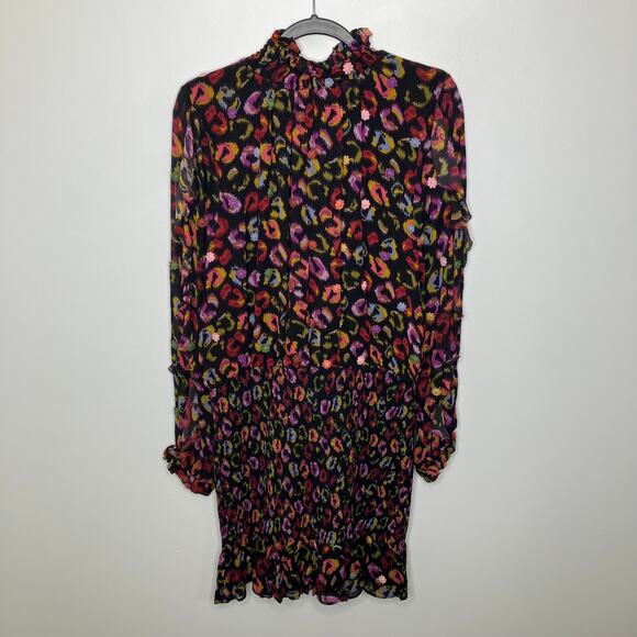 FARM RIO Black Ikat Dyed Leopard Mini Dress Flower Embellished Smocked Large - Picture 2 of 5